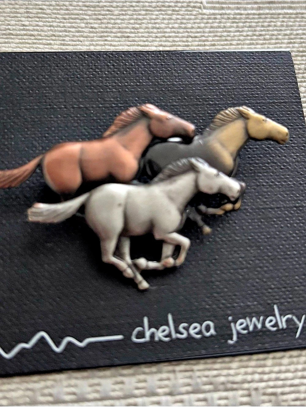 Vintage Brand New Chelsea Jewelry Pewter Three Horse Brooch Pin